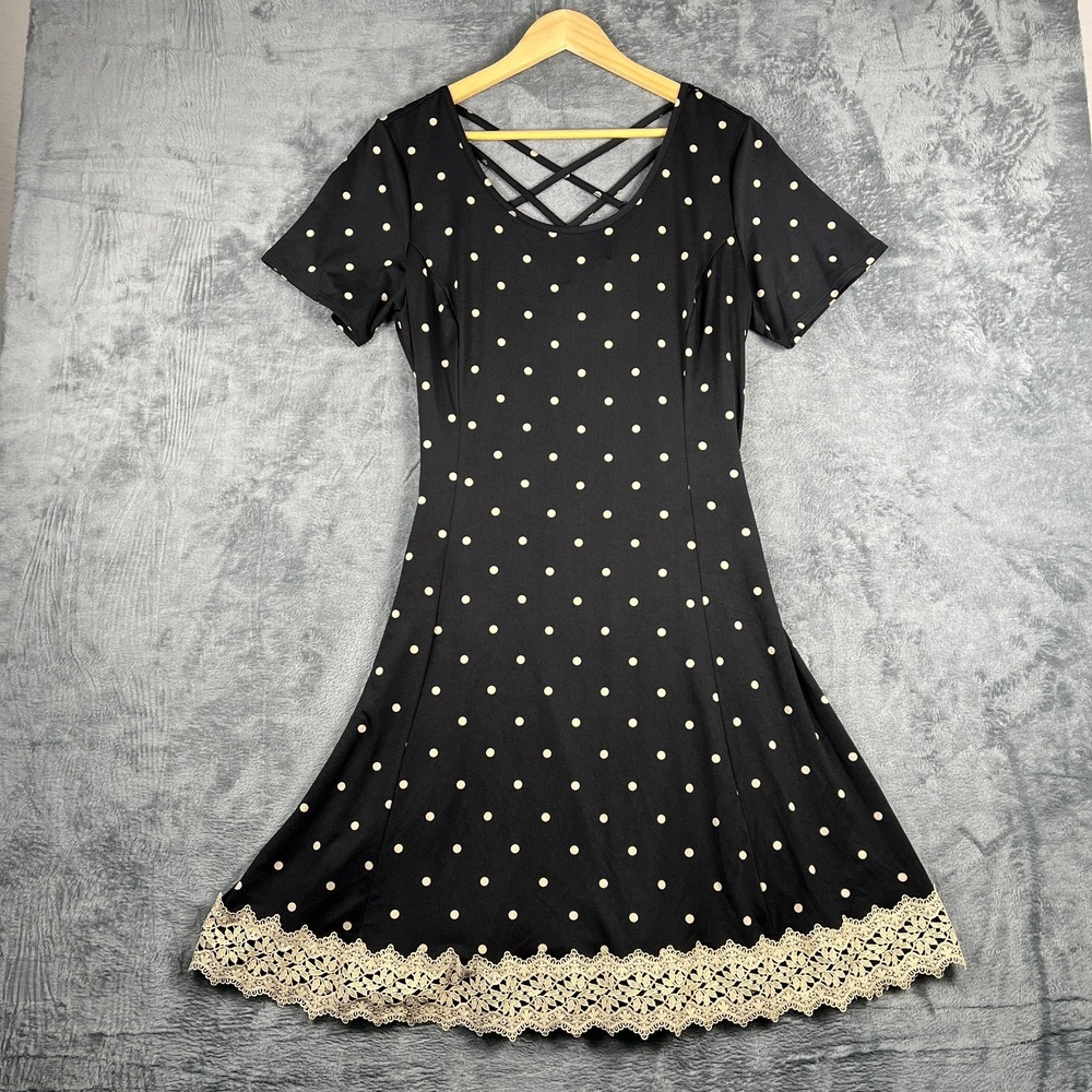 Sami & Jo Fit & Flare Dress Womens 1X Plus Black Polka Dot Lace Crisscross Back